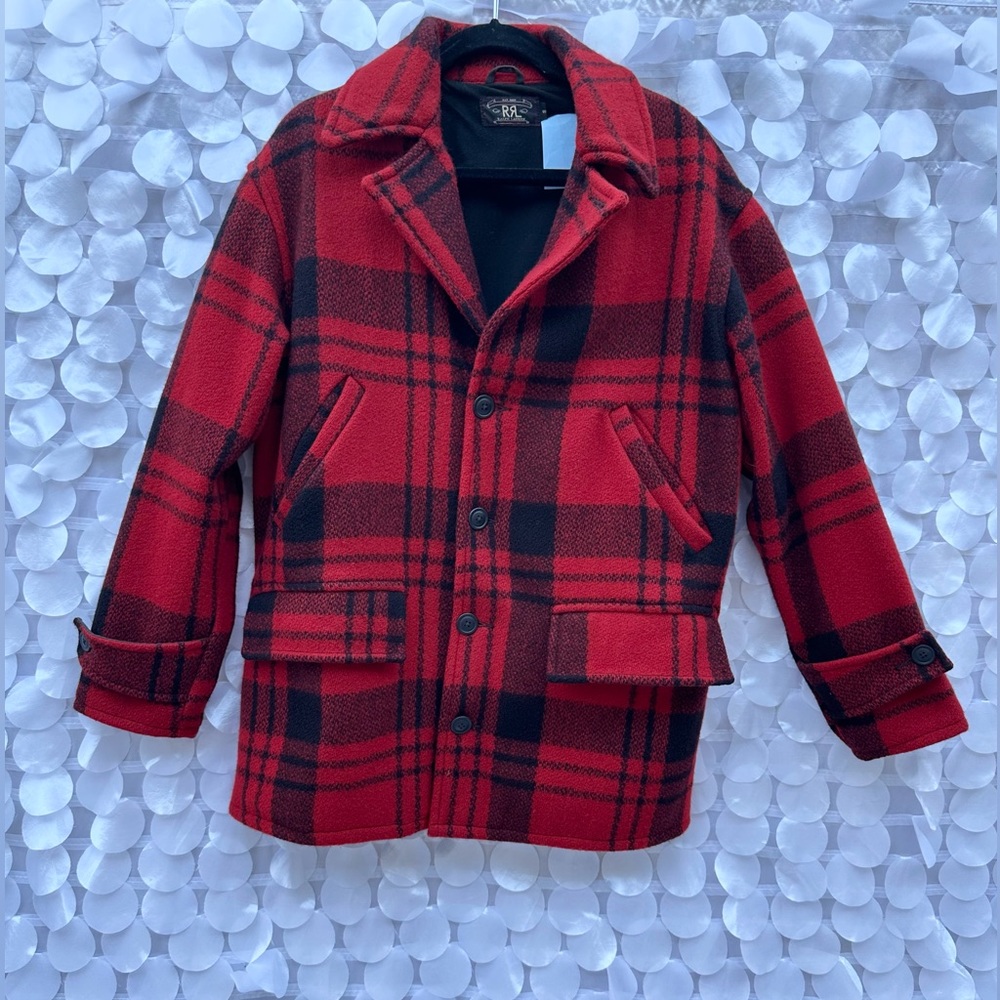Ralph Lauren Double RL Mens Small 100% WOOL Red Black Buffalo plaid Coat - Picture 1 of 14